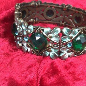 Green Glass Art Bangle Bracelet Minty Enamel Flower with Emerald Green Stones